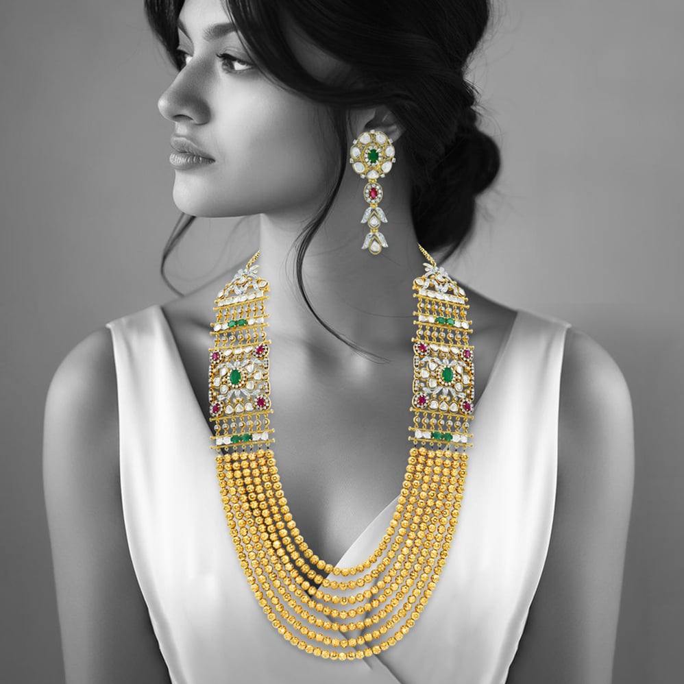 Layered Polki Necklace Set with Emeralds, Rubies, and Drops